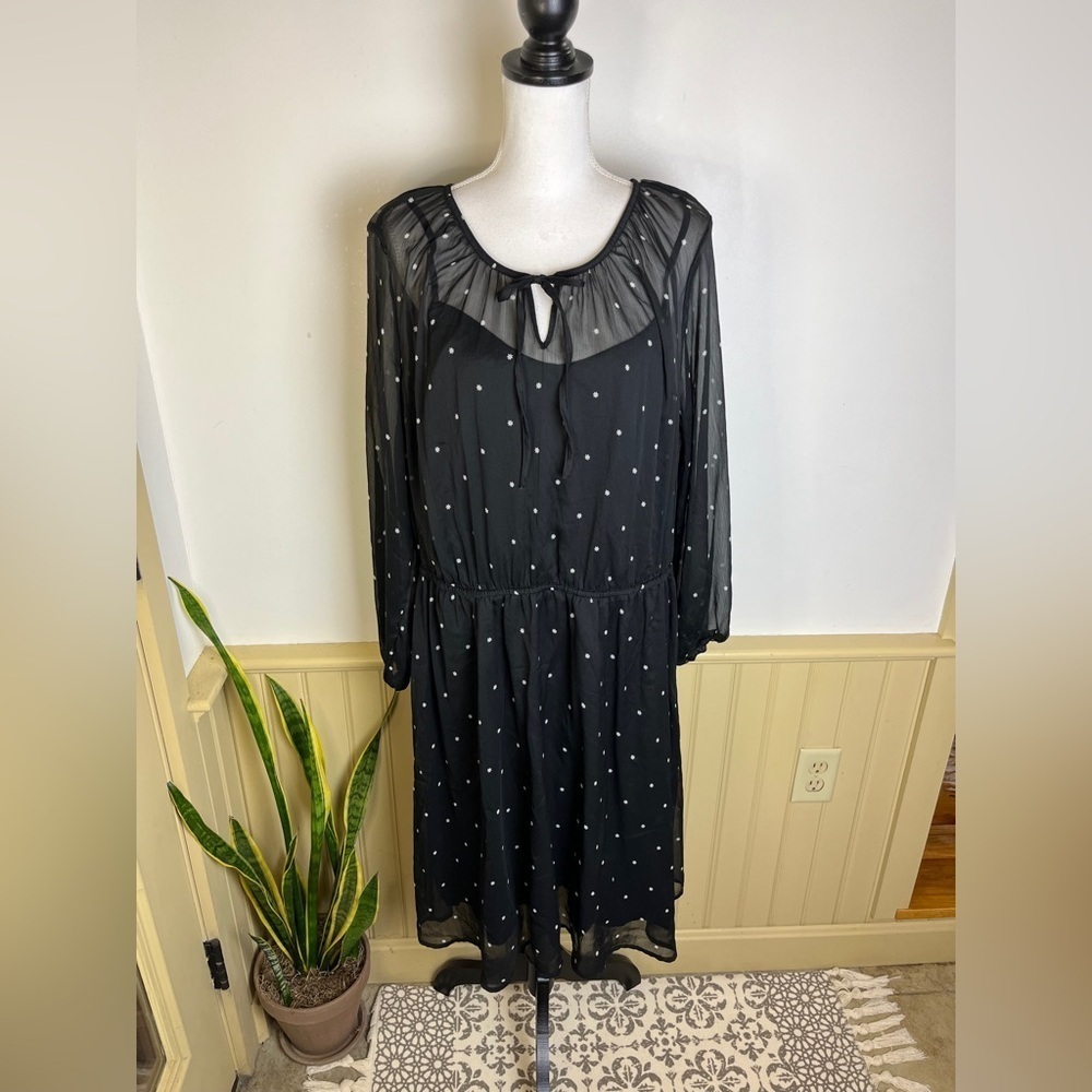 Old Navy Black Star Print Sheer Sleeve Midi Dress 2X Holiday Whimsigoth Party